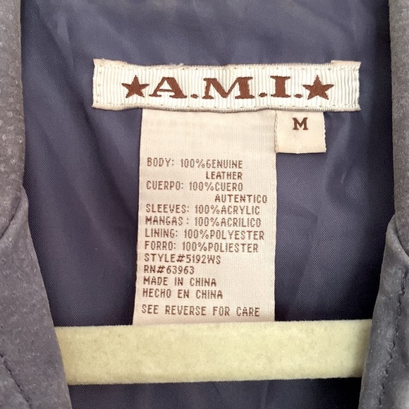 A.M.I. Genuine Leather Jacket with Knit Sweater Sleeves In Lavender Haze Grey - Picture 2 of 6